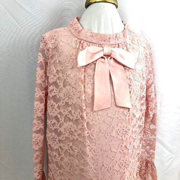 Vintage Handmade Lace Pink Dress Long Sleeve Bow Front Metal Zipper 60s - Picture 5 of 13